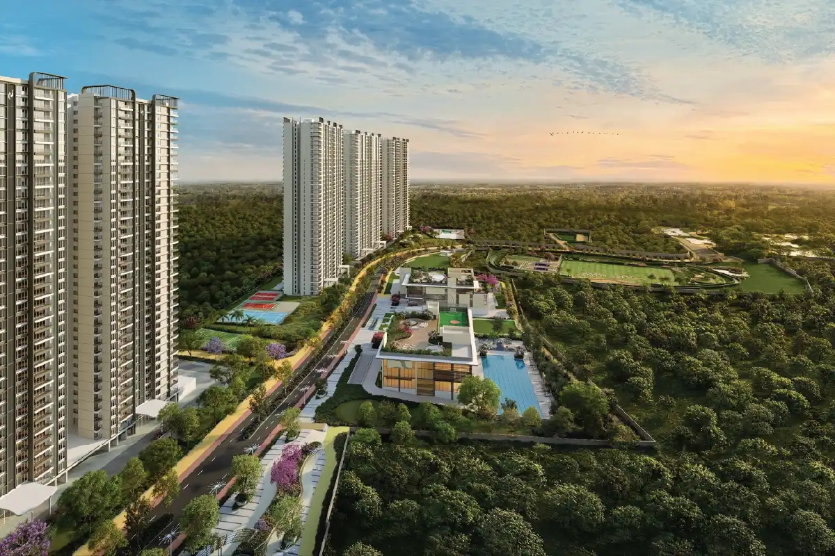 Nambiar District 25 aerial view of clubhouse and apartments
