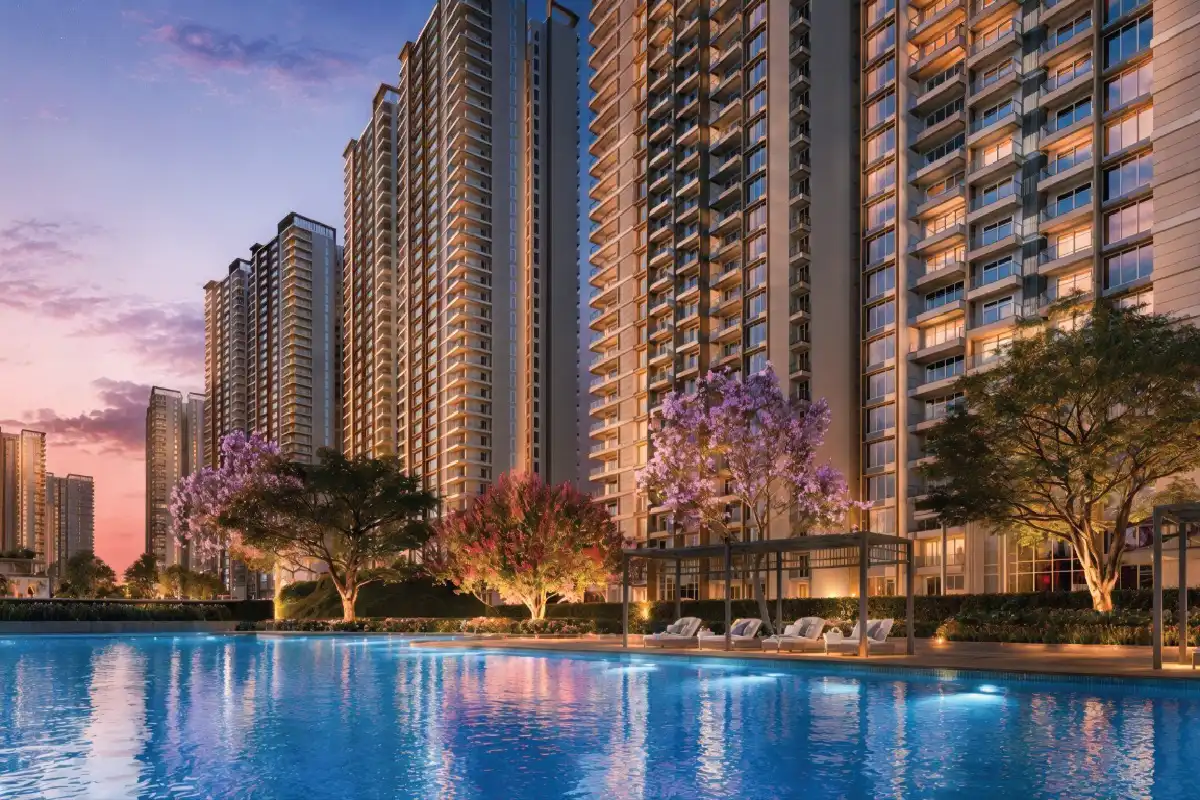 Nambiar District 25 swimming pool with residential towers at evening